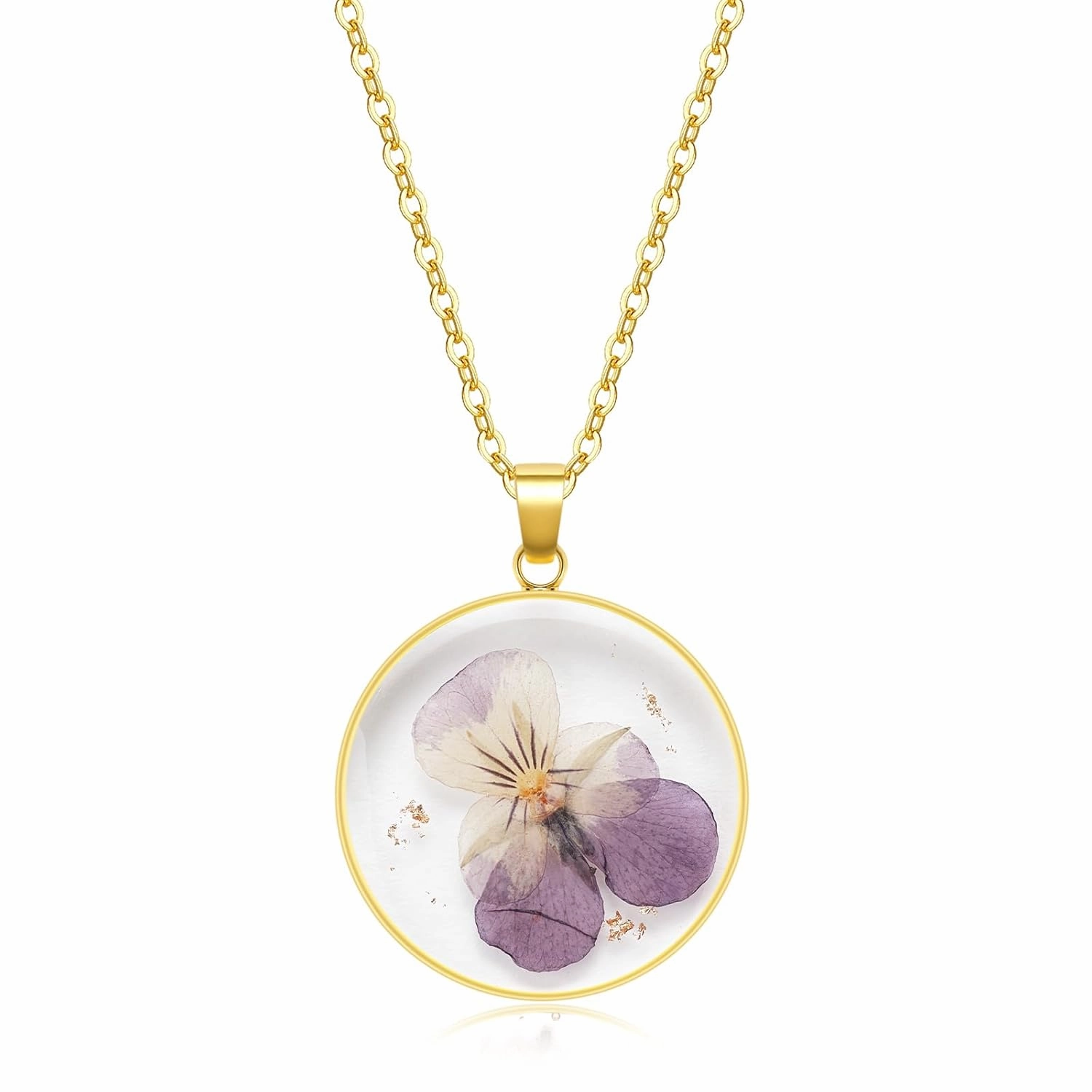 Birth Flower Necklaces For Women - Violet February Month Flower Necklace - Handmade Pressed Flower Necklace - Unique Holiday Gift - Gold 18"