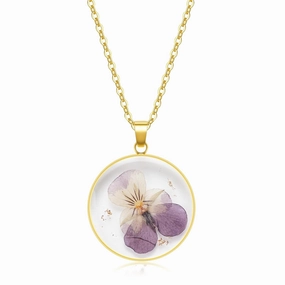 Birth Flower Necklaces For Women - Violet February Month Flower Necklace - Handmade Pressed Flower Necklace - Unique Holiday Gift - Gold 18"