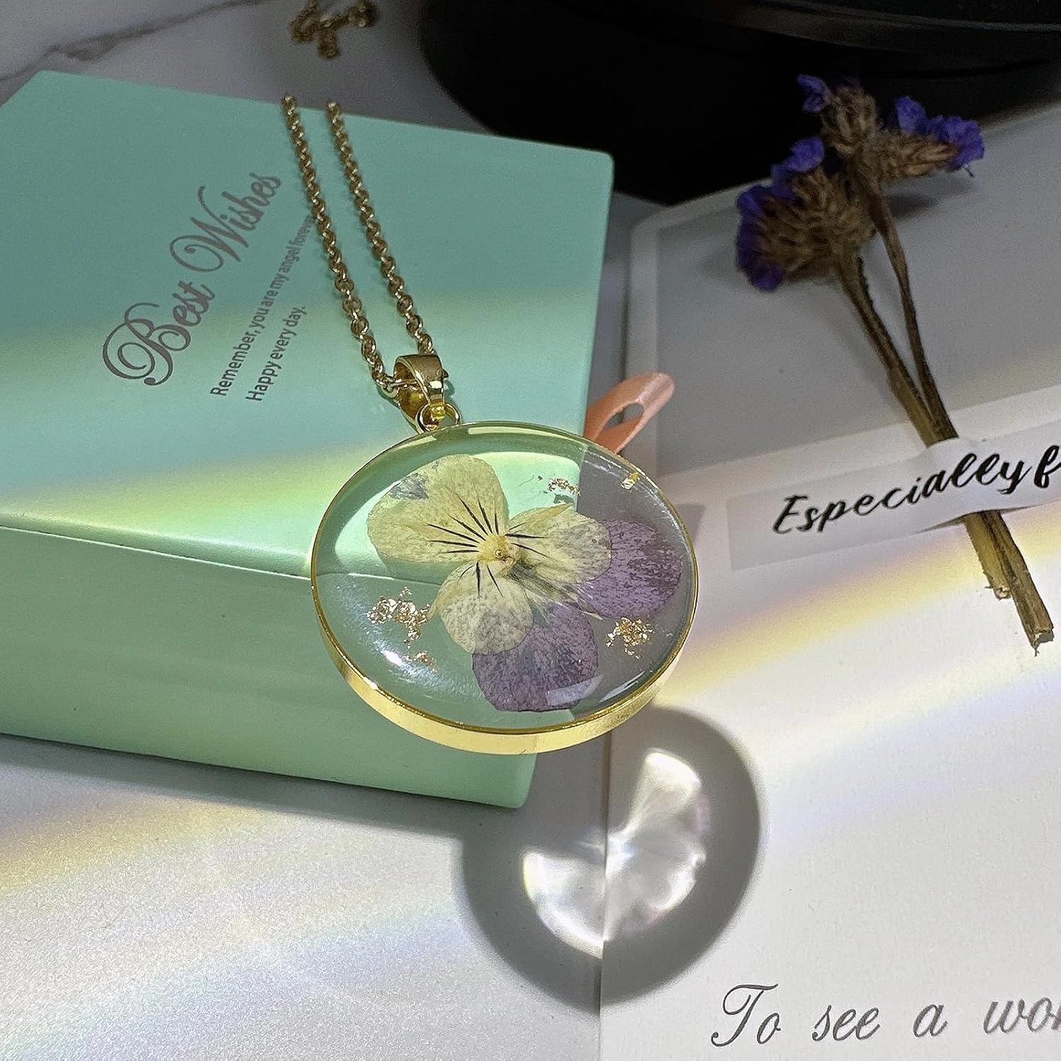 Birth Flower Necklaces For Women - Violet February Month Flower Necklace - Handmade Pressed Flower Necklace - Unique Holiday Gift - Gold 18"