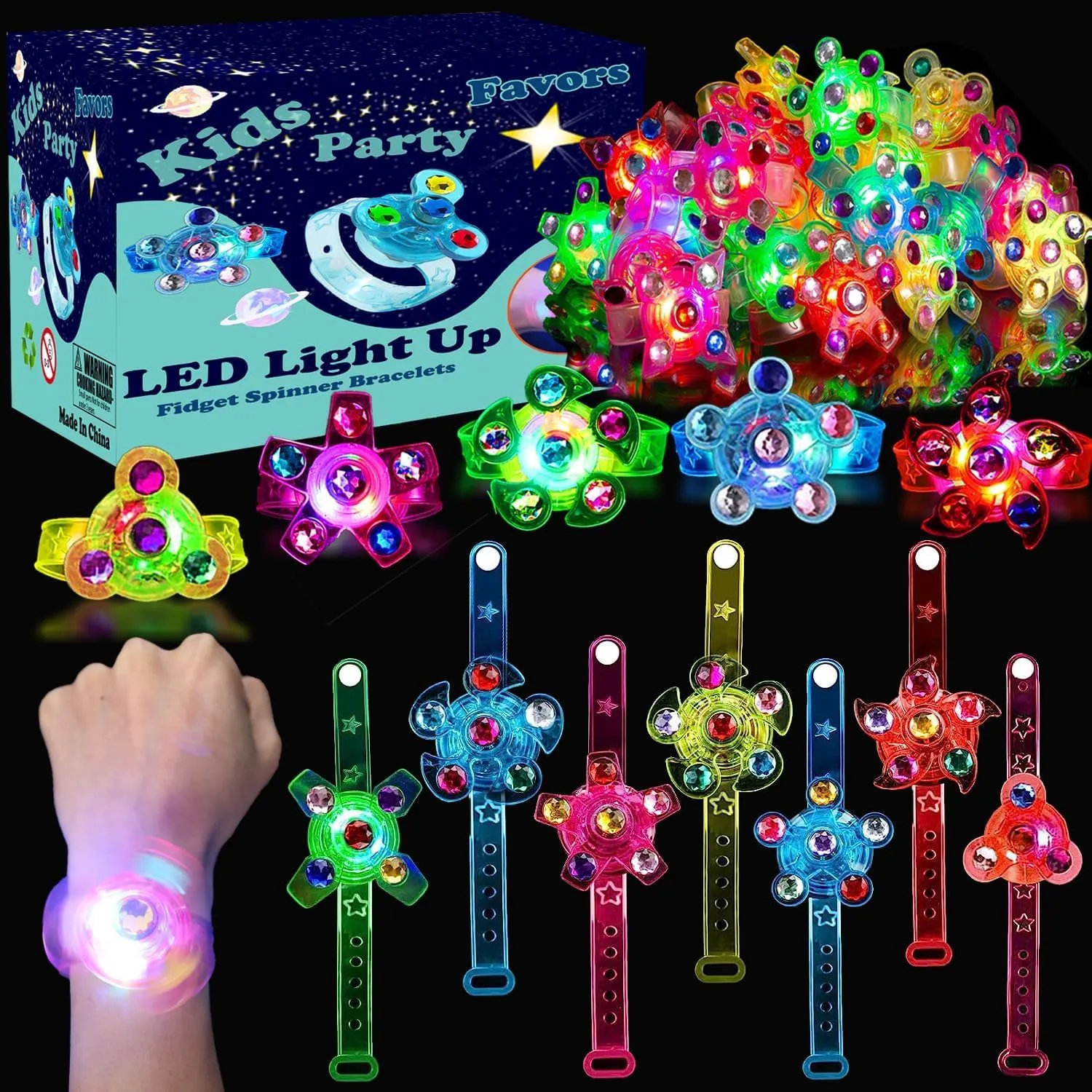 Birthday Party Favors for Kids 4-8 Goodie Bag Stuffers,24 Pack Light Up Spinner Bracelets for Pinata Fillers Prize Treasure Box Classroom Glow in The Dark Party Supplies Return Gifts