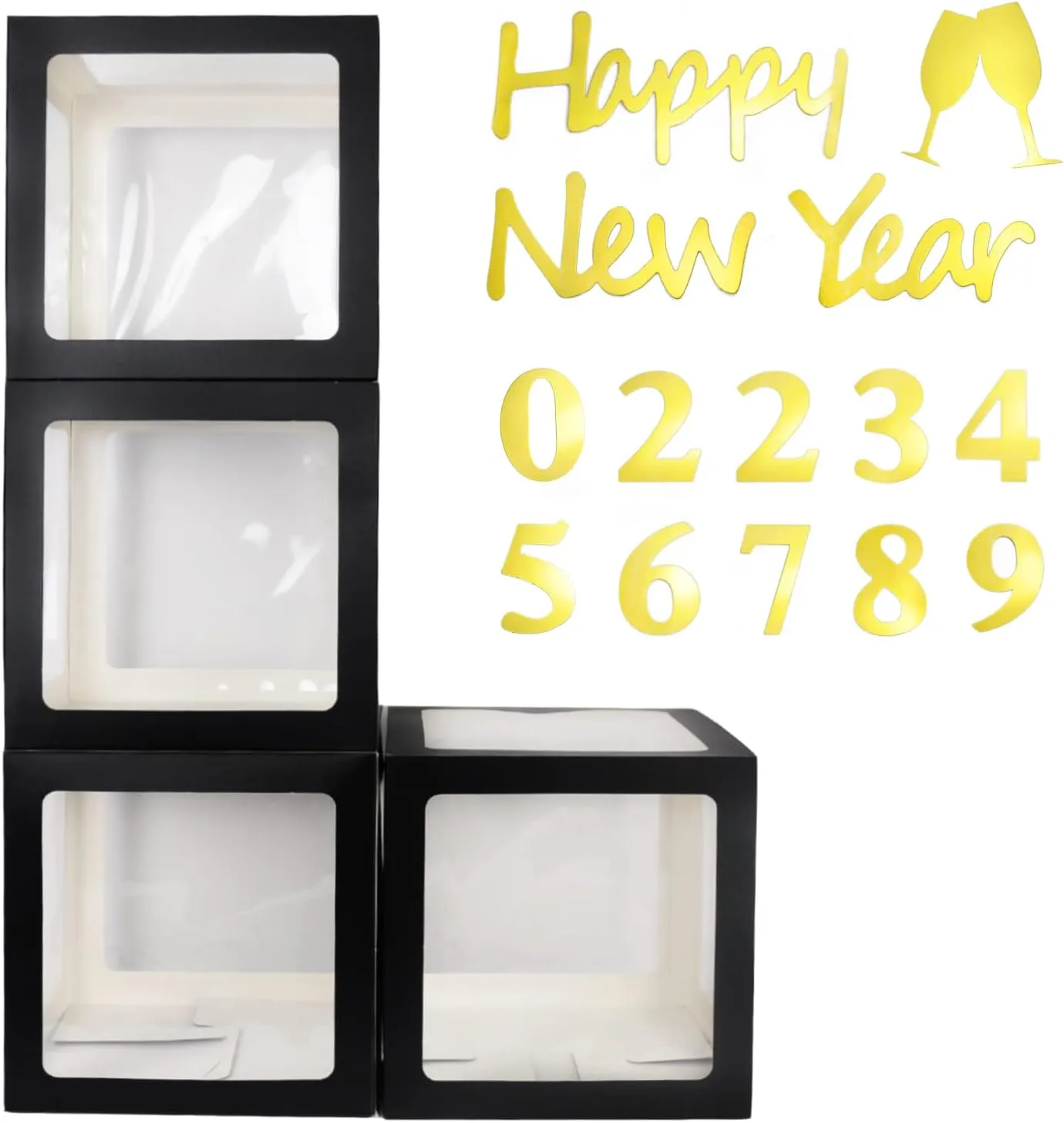 Black Gold Happy New Year 2025 Boxes, Balloon Box with Gold Letters Kit, UNIIDECO Party Decoration Supplies, Photo Background Backdrop