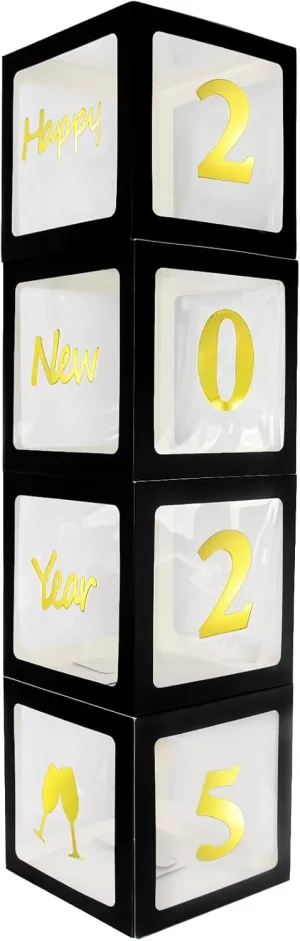 Black Gold Happy New Year 2025 Boxes, Balloon Box with Gold Letters Kit, UNIIDECO Party Decoration Supplies, Photo Background Backdrop