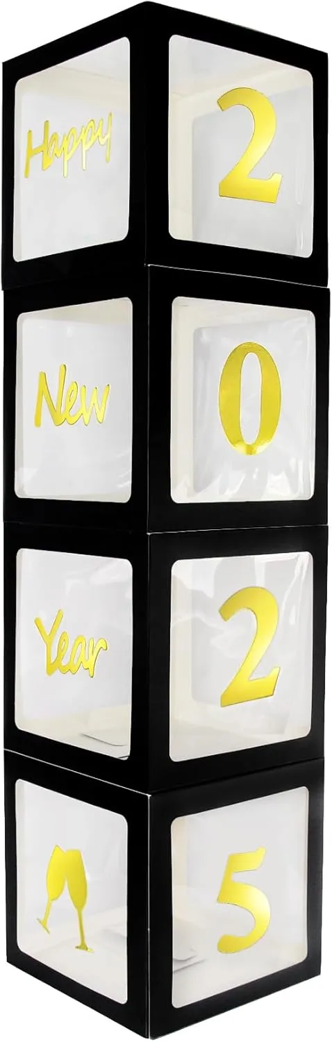 Black Gold Happy New Year 2025 Boxes, Balloon Box with Gold Letters Kit, UNIIDECO Party Decoration Supplies, Photo Background Backdrop