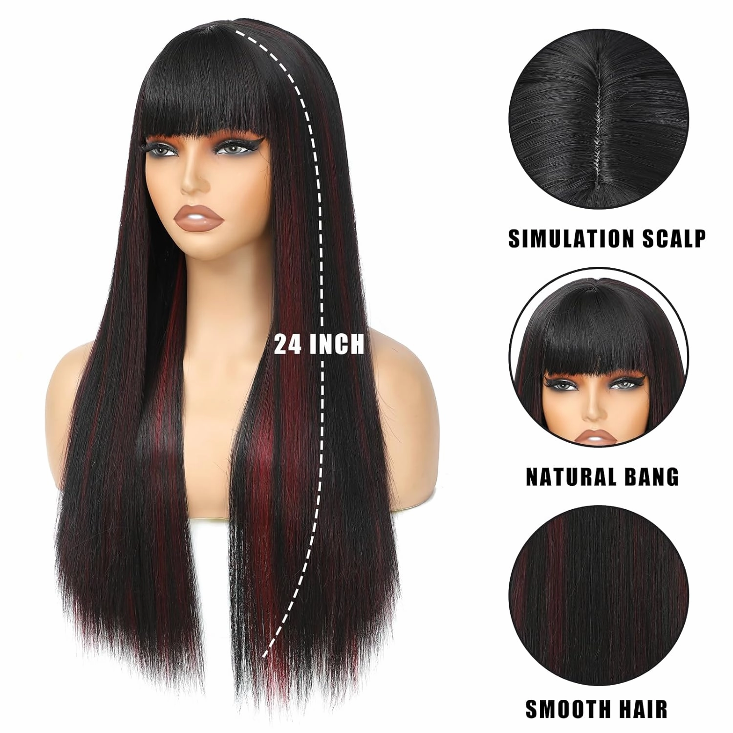 Black Mix Red Wig For Women With Bangs, 24 Inch Heat Resistant Fiber Layered Synthetic Wig For Cosplay Christmas Gifts Party Used (Black Mix Red)