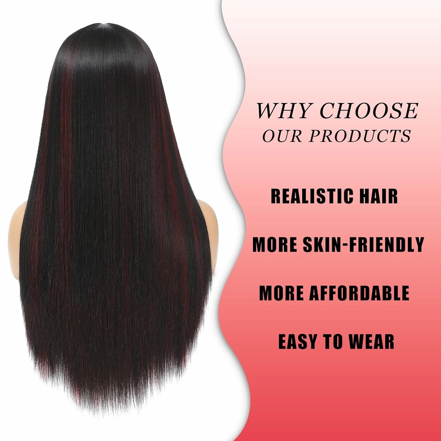 Black Mix Red Wig For Women With Bangs, 24 Inch Heat Resistant Fiber Layered Synthetic Wig For Cosplay Christmas Gifts Party Used (Black Mix Red)