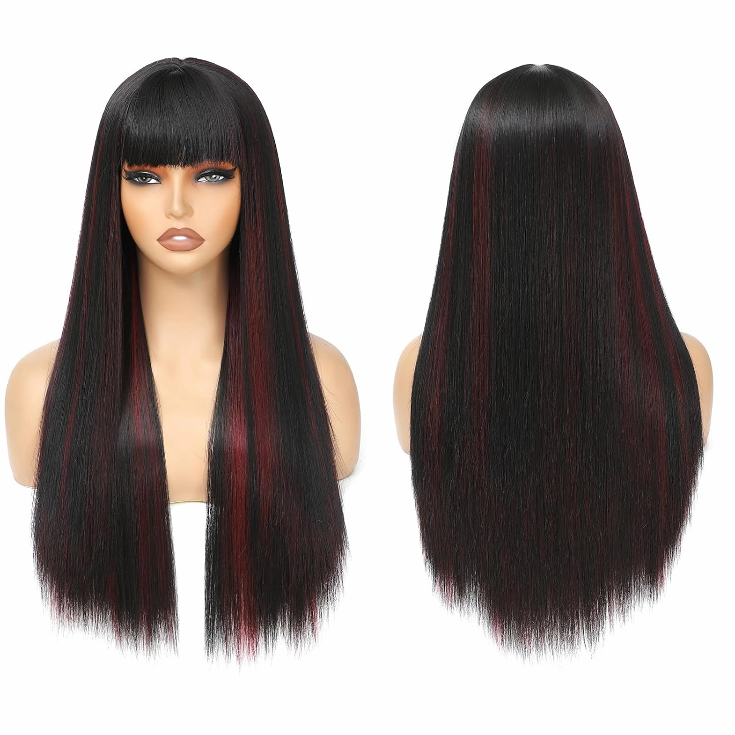 Black Mix Red Wig For Women With Bangs, 24 Inch Heat Resistant Fiber Layered Synthetic Wig For Cosplay Christmas Gifts Party Used (Black Mix Red)