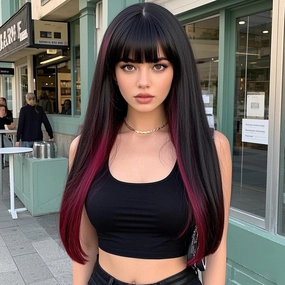 Black Mix Red Wig For Women With Bangs, 24 Inch Heat Resistant Fiber Layered Synthetic Wig For Cosplay Christmas Gifts Party Used (Black Mix Red)
