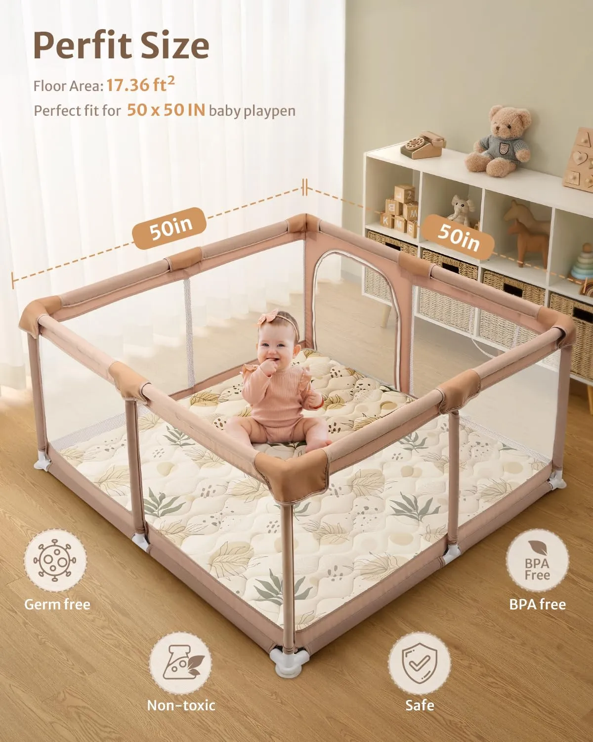 Blissful Diary Baby Play Mats for Floor, 50x50 Playpen Mat, Thicken Cushioning Padding Foam Playmate for Baby and Toddlers Infants, Non-Slip & Machine Washable, Earth Tones Design