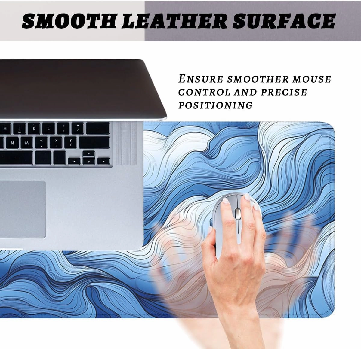Blue White Sea Waves Desk Pad Mouse Pad Abstract Cloud Fog Art Extended Gaming Mouse Pad Mat with Stitched Edge Non-Slip Base Big Mouse Pad Office Computer Keyboard Laptop Home 31.5"x11.8"
