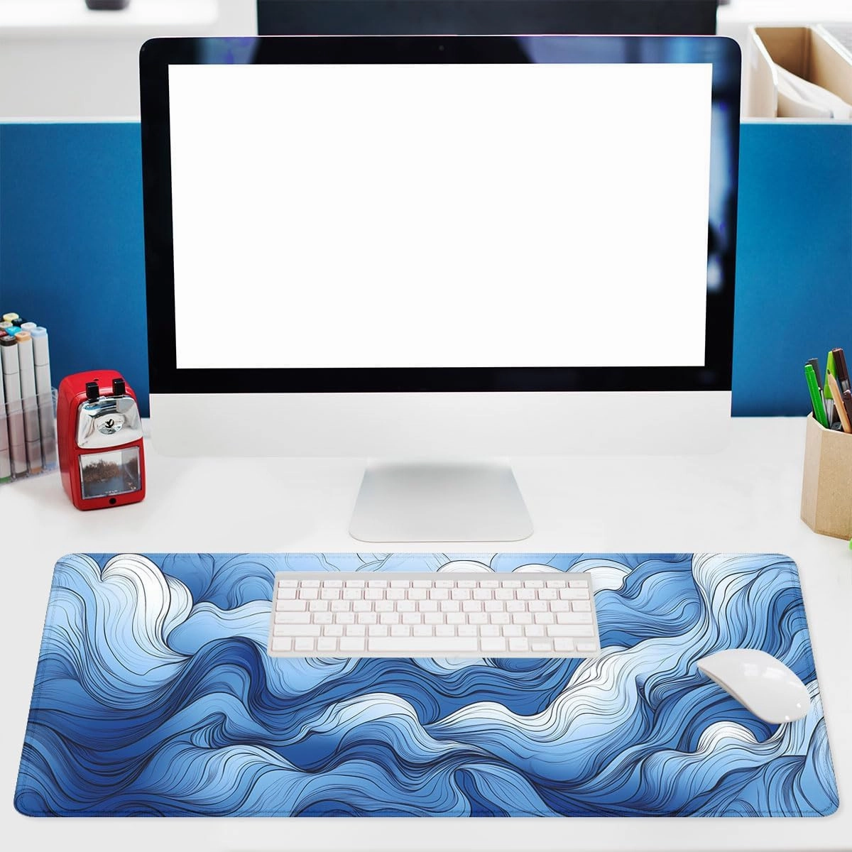 Blue White Sea Waves Desk Pad Mouse Pad Abstract Cloud Fog Art Extended Gaming Mouse Pad Mat with Stitched Edge Non-Slip Base Big Mouse Pad Office Computer Keyboard Laptop Home 31.5"x11.8"