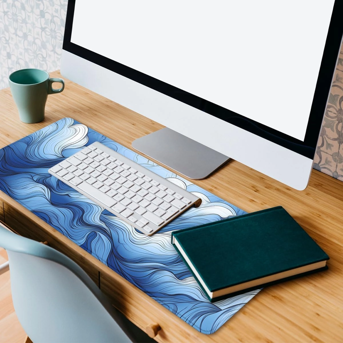 Blue White Sea Waves Desk Pad Mouse Pad Abstract Cloud Fog Art Extended Gaming Mouse Pad Mat with Stitched Edge Non-Slip Base Big Mouse Pad Office Computer Keyboard Laptop Home 31.5"x11.8"