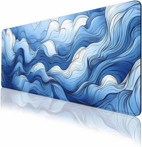 Blue White Sea Waves Desk Pad Mouse Pad Abstract Cloud Fog Art Extended Gaming Mouse Pad Mat with Stitched Edge Non-Slip Base Big Mouse Pad Office Computer Keyboard Laptop Home 31.5"x11.8"
