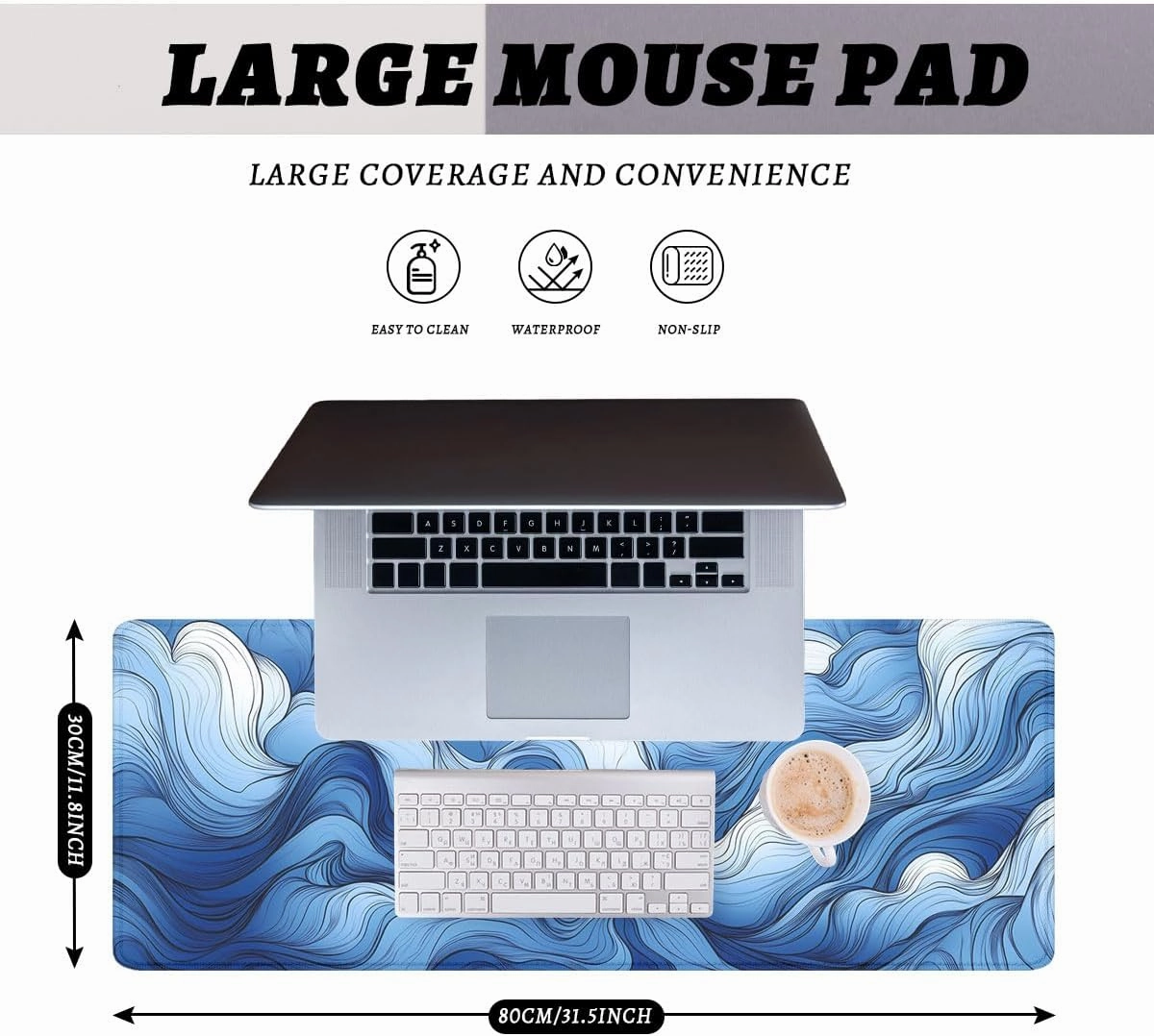 Blue White Sea Waves Desk Pad Mouse Pad Abstract Cloud Fog Art Extended Gaming Mouse Pad Mat with Stitched Edge Non-Slip Base Big Mouse Pad Office Computer Keyboard Laptop Home 31.5"x11.8"