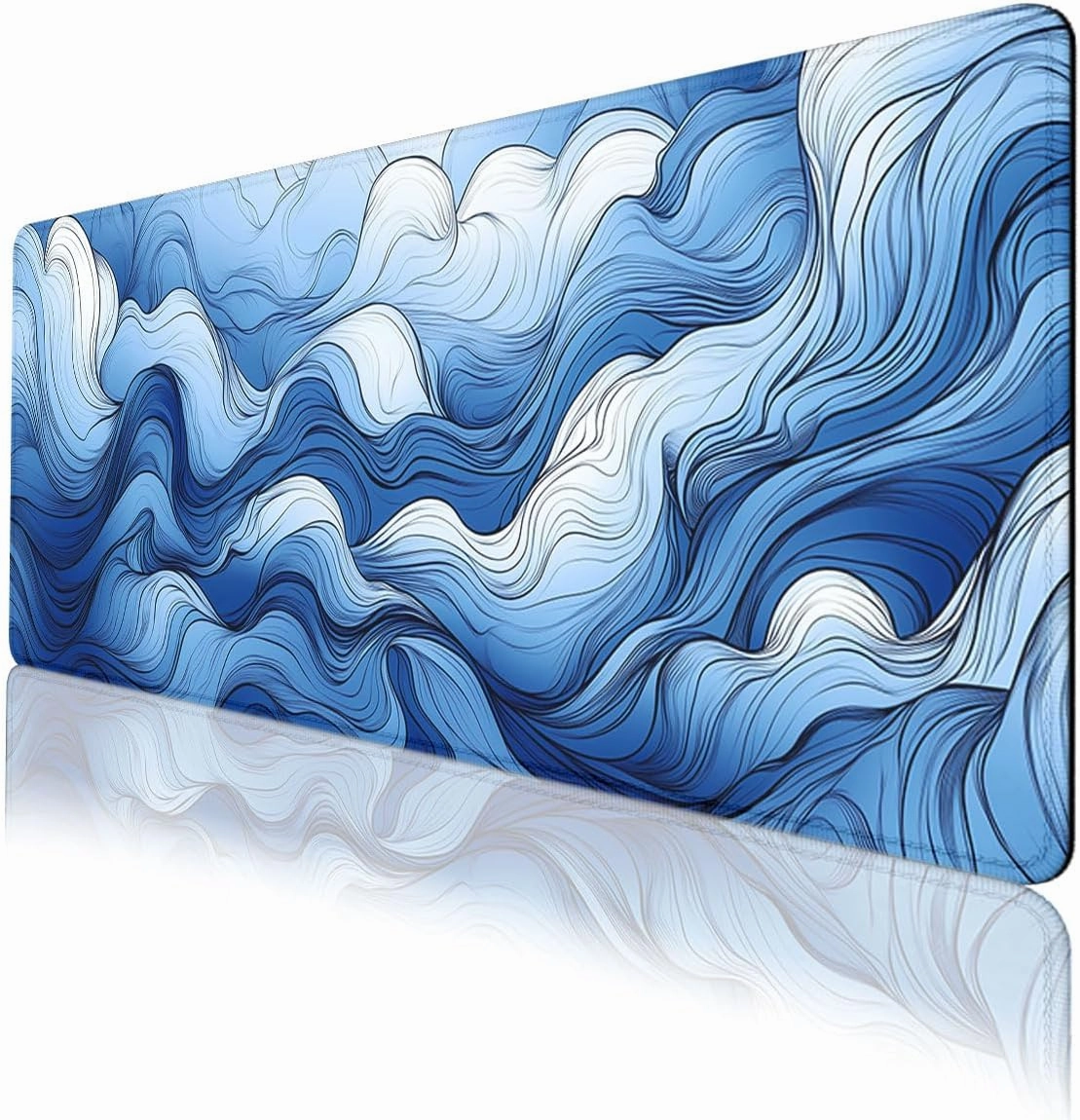 Blue White Sea Waves Desk Pad Mouse Pad Abstract Cloud Fog Art Extended Gaming Mouse Pad Mat with Stitched Edge Non-Slip Base Big Mouse Pad Office Computer Keyboard Laptop Home 31.5"x11.8"