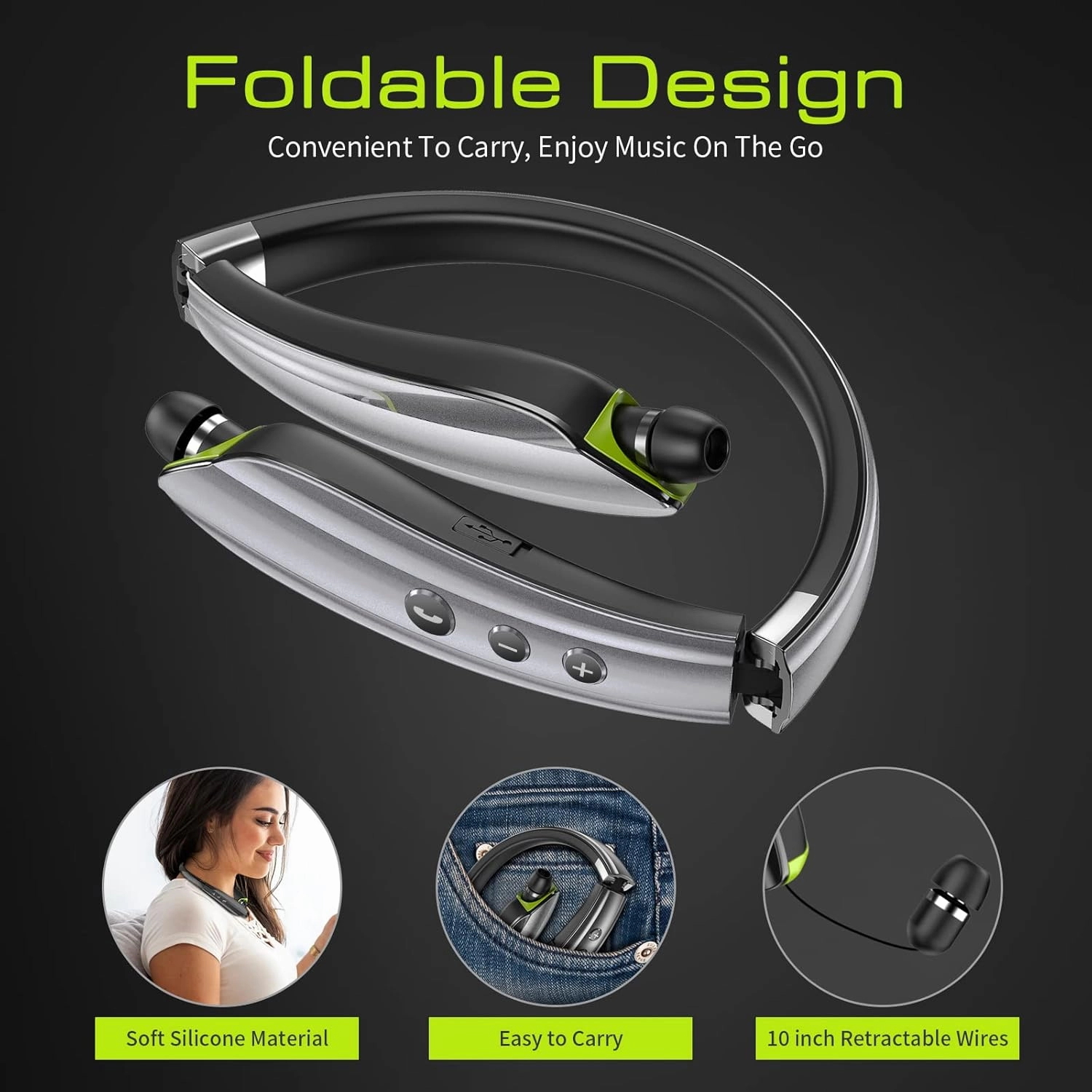 Bluetooth Headset, 2025 Upgraded Neckband Bluetooth Headphones with Retractable Earbuds, Noise Cancelling Stereo Earphones with Mic, Foldable Wireless Headphones for Sports Office with Carry Case