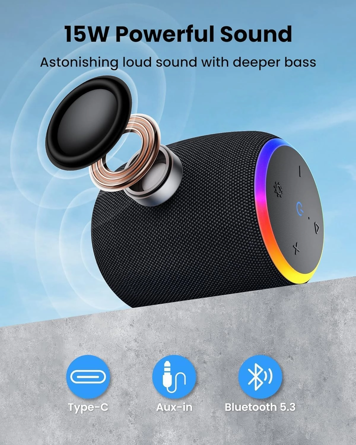Bluetooth Speaker, Portable Wireless with 15W Stereo Sound, IPX6 Waterproof, BT 5.3, LED Light, TWS Pairing, 12H Playtime Shower Speakers for Home Outdoor Party Beach(Blue)