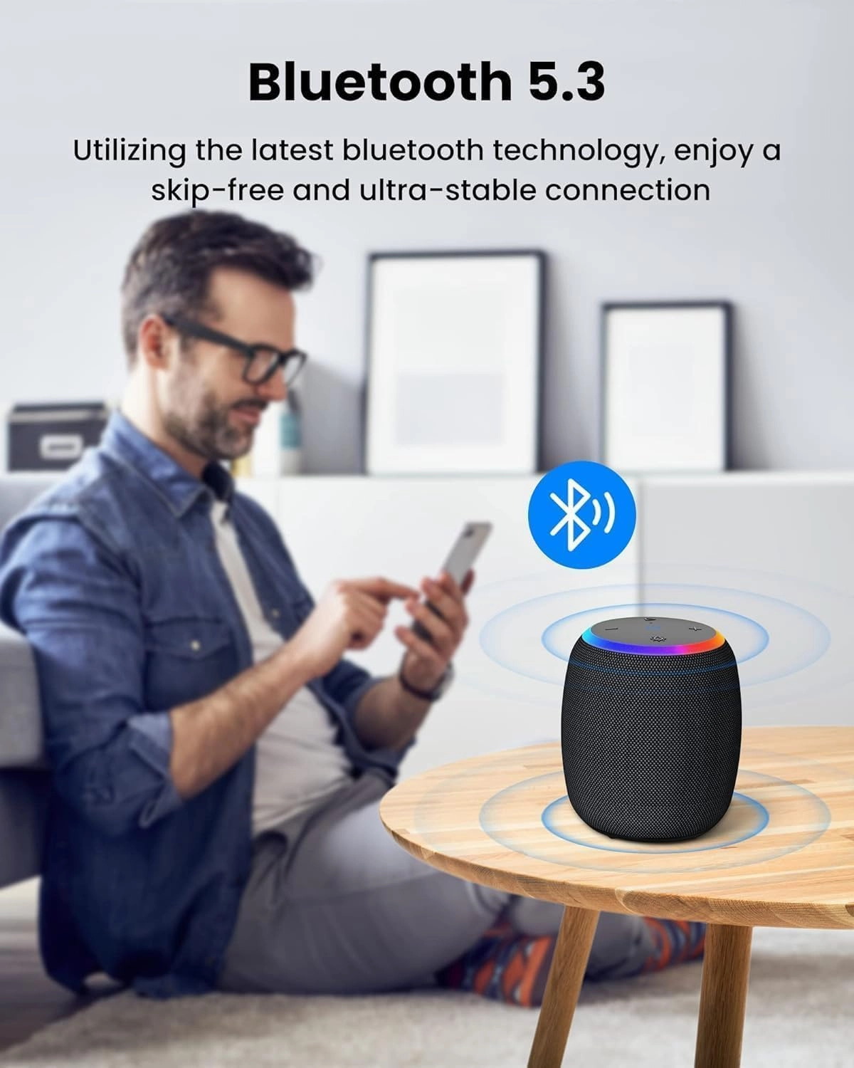 Bluetooth Speaker, Portable Wireless with 15W Stereo Sound, IPX6 Waterproof, BT 5.3, LED Light, TWS Pairing, 12H Playtime Shower Speakers for Home Outdoor Party Beach(Blue)