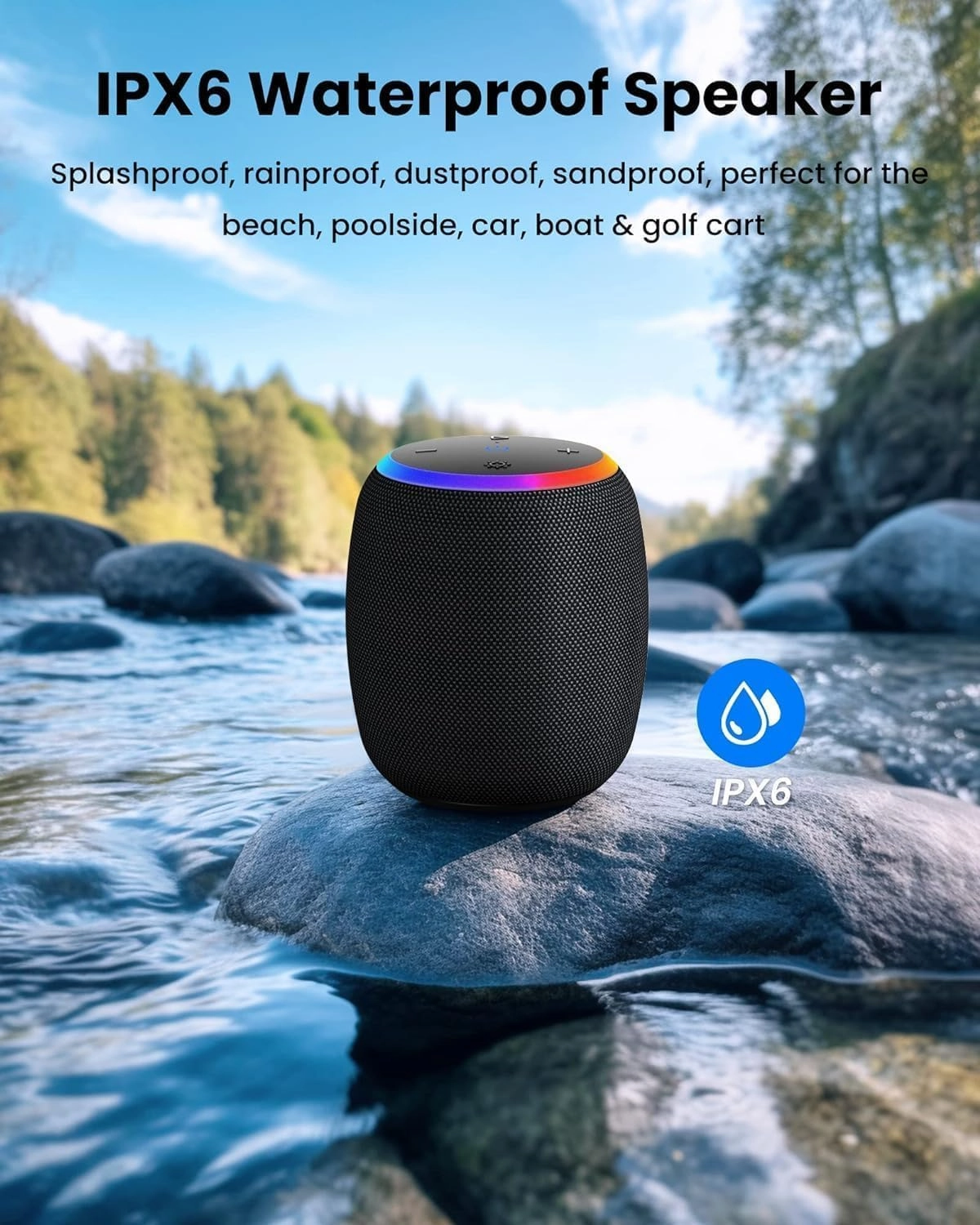 Bluetooth Speaker, Portable Wireless with 15W Stereo Sound, IPX6 Waterproof, BT 5.3, LED Light, TWS Pairing, 12H Playtime Shower Speakers for Home Outdoor Party Beach(Blue)