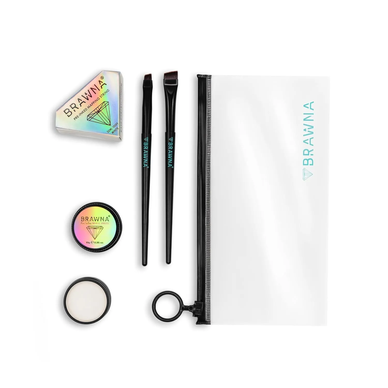 BRAWNA Eyebrow Mapping Kit - 1 Countour White Mapping Paste, 1 White Mapping String, 2 Angled Eyebrow Brush - Brow Mapping Supplies - PMU & Microblading Supply