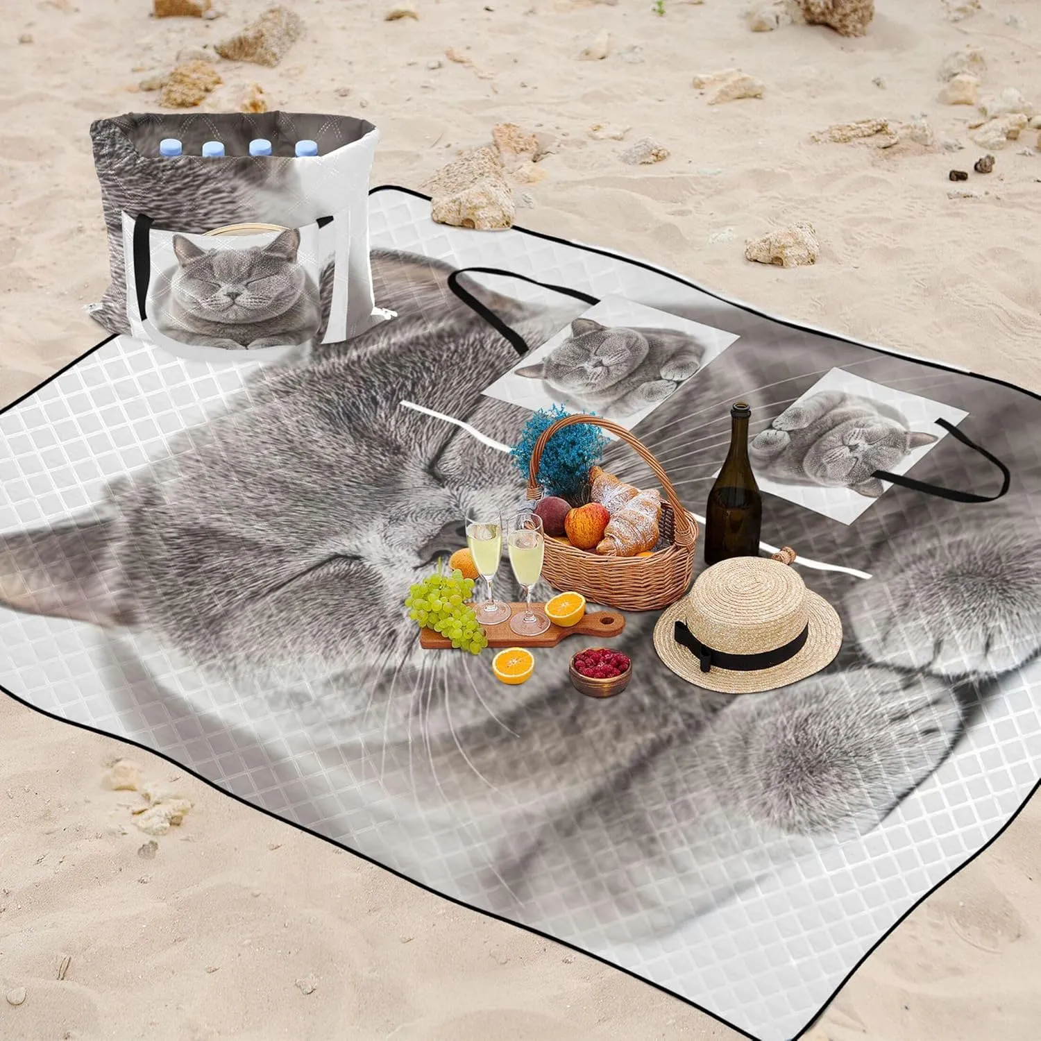 British Shorthair Cat Waterproof Beach Blanket Sandproof, Outdoor Blanket for Grass Picnic Accessories Foldable, 80" x 60"