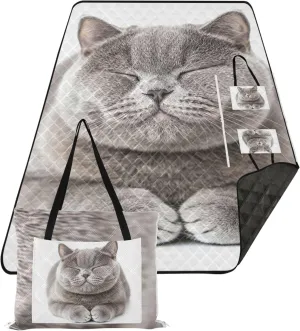 British Shorthair Cat Waterproof Beach Blanket Sandproof, Outdoor Blanket for Grass Picnic Accessories Foldable, 80" x 60"