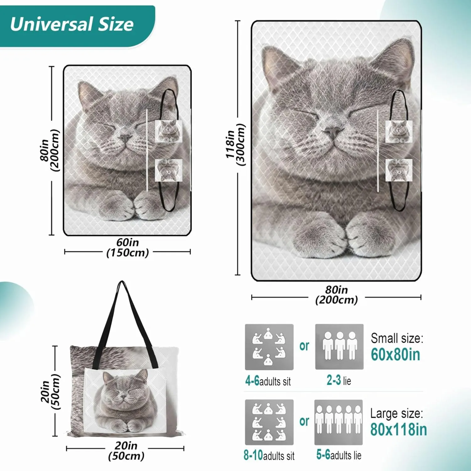British Shorthair Cat Waterproof Beach Blanket Sandproof, Outdoor Blanket for Grass Picnic Accessories Foldable, 80" x 60"
