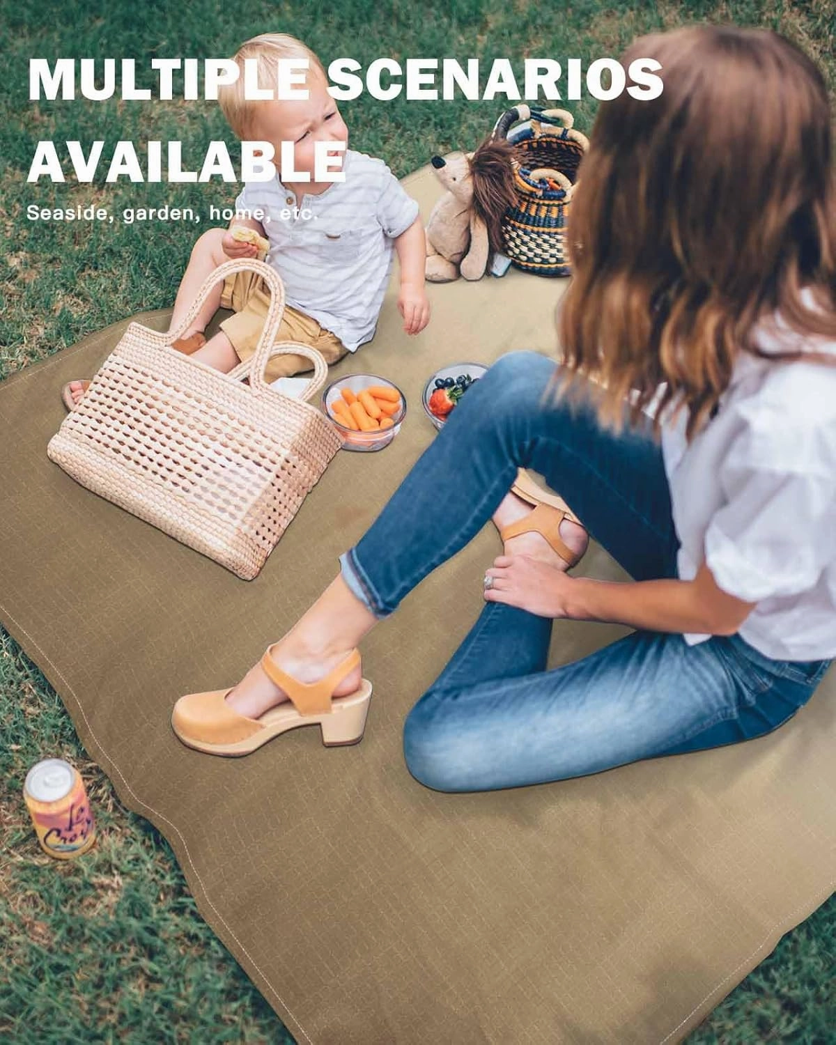 Brown Beige Beach Blanket Large with Stakes Waterproof Sandproof, Gradient Monochrome Modern Country Foldable Beach Mat with Corner Pockets for Outdoor Travel Camping Hiking Picnic Essentials 83"x79"
