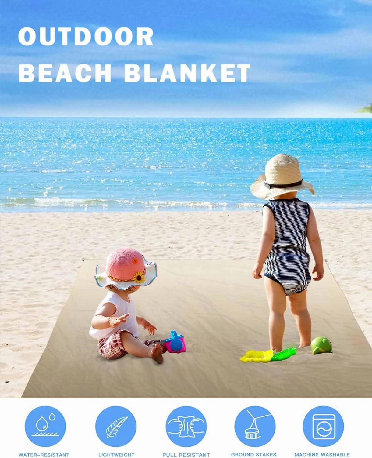 Brown Beige Beach Blanket Large with Stakes Waterproof Sandproof, Gradient Monochrome Modern Country Foldable Beach Mat with Corner Pockets for Outdoor Travel Camping Hiking Picnic Essentials 83"x79"