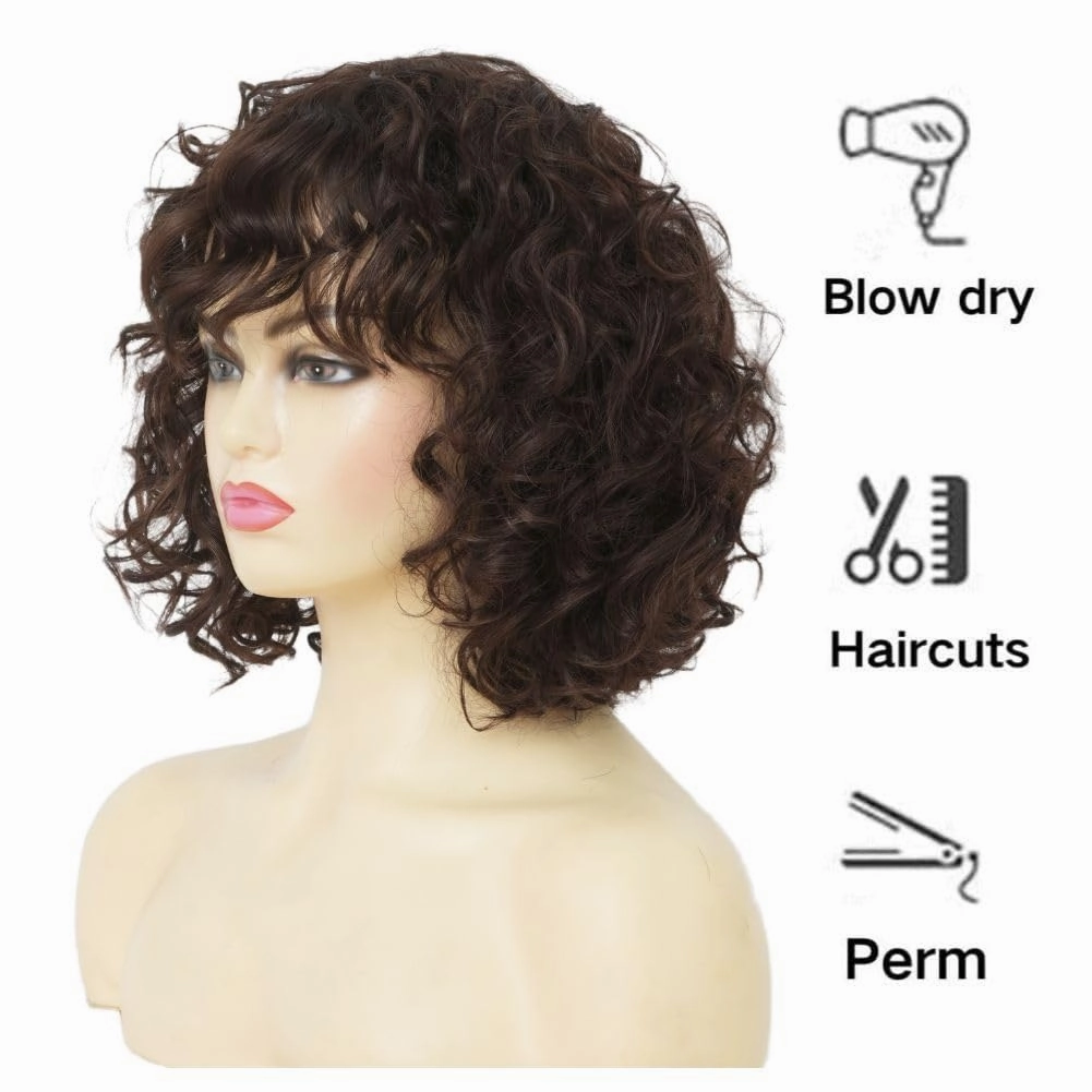 Brown Curly Bob Wig for Women with Bangs Shoulder Length Naturel Synthetic Hair Wigs for Daliy Party Use