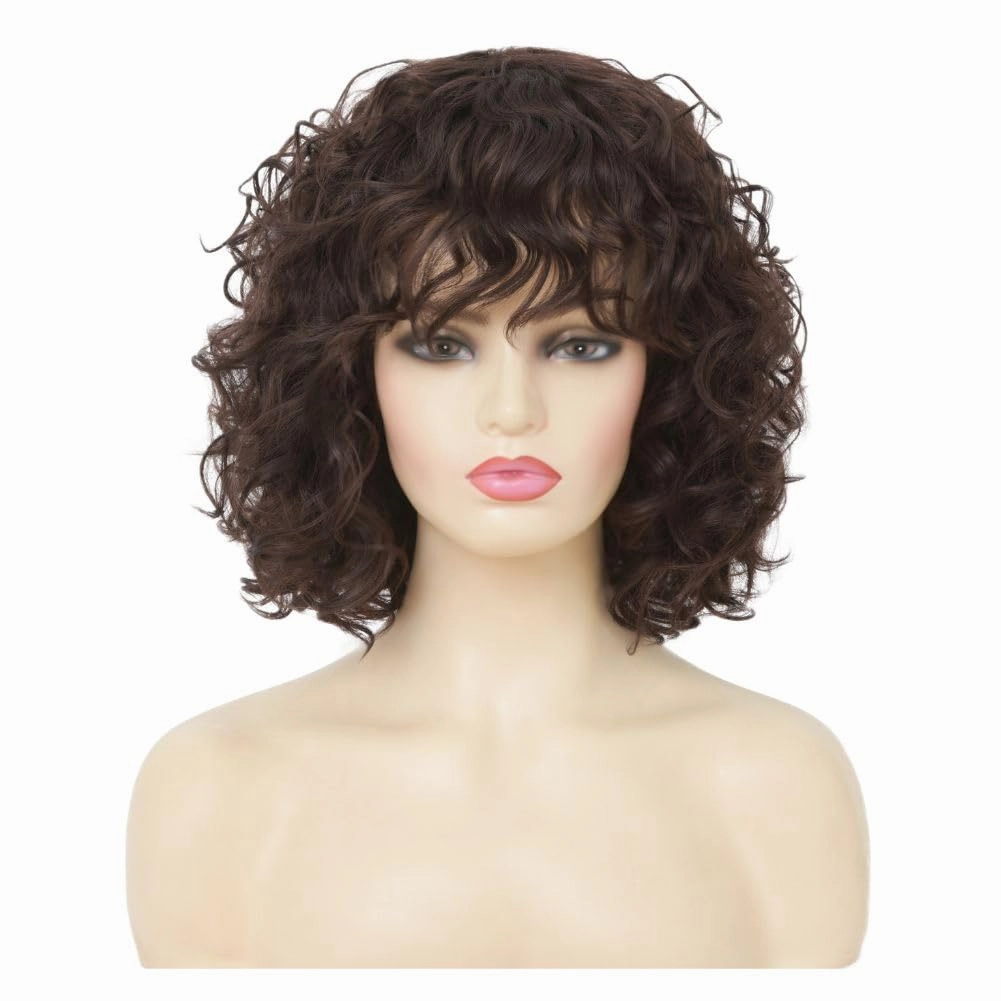 Brown Curly Bob Wig for Women with Bangs Shoulder Length Naturel Synthetic Hair Wigs for Daliy Party Use