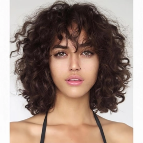 Brown Curly Bob Wig for Women with Bangs Shoulder Length Naturel Synthetic Hair Wigs for Daliy Party Use