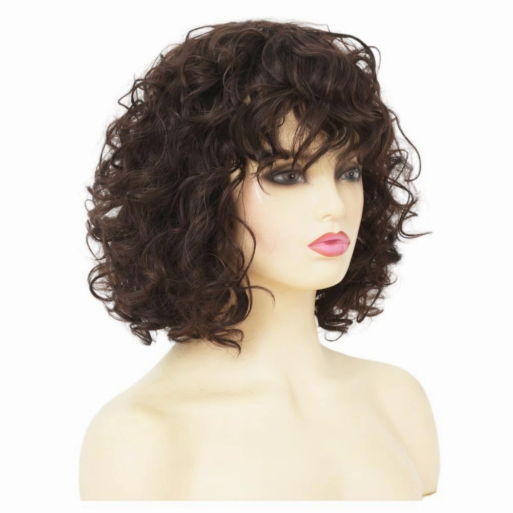 Brown Curly Bob Wig for Women with Bangs Shoulder Length Naturel Synthetic Hair Wigs for Daliy Party Use