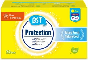 BST Pads for Women, Herbal Inside Natural Cool Menstrual Period Pads - Regular Absorbency, Camellia Feminine Care Sanitary Pad with Wings - Regular 32