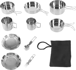 Camping Cookware Set Folding Handle 304 Less Steel Portable Picnic Cooking Pot Cup Set For Outdoor Activities
