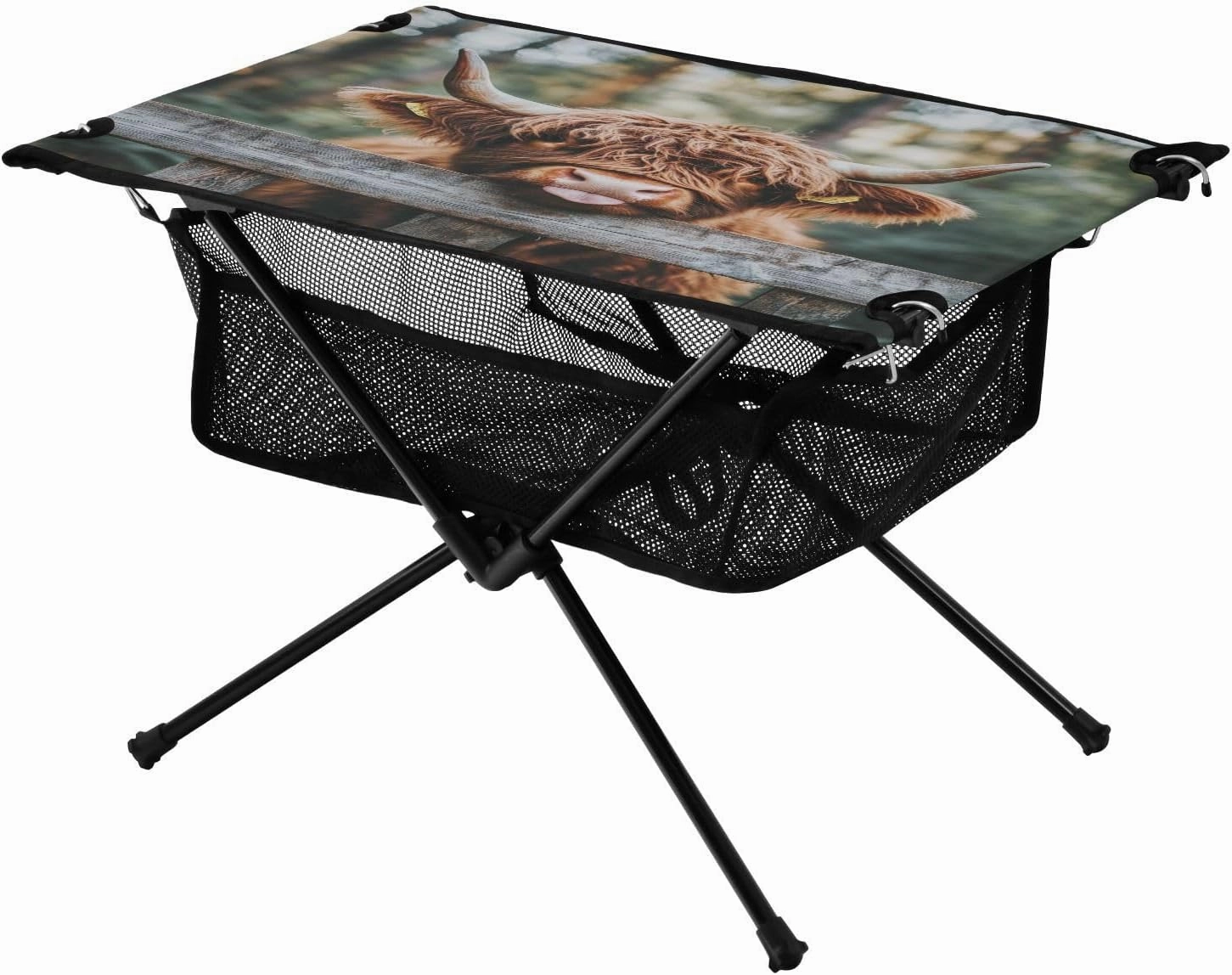 Camping Table Lightweight Portable Folding Table with Mesh Storage Net Scottish Highland Cow Tongue Ideal for Camping Hiking Beach Picnic Travel Backyard