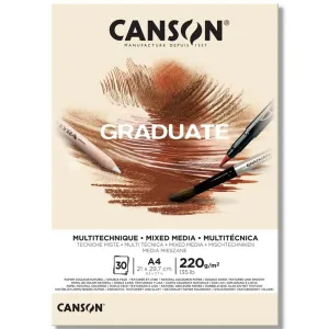 CANSON Graduate Mixed Media 200gsm A4 Paper, Double Sided: Grained and Smooth, Pad Glued Short Side, 30 Natural Sheets, Ideal for Student Artists