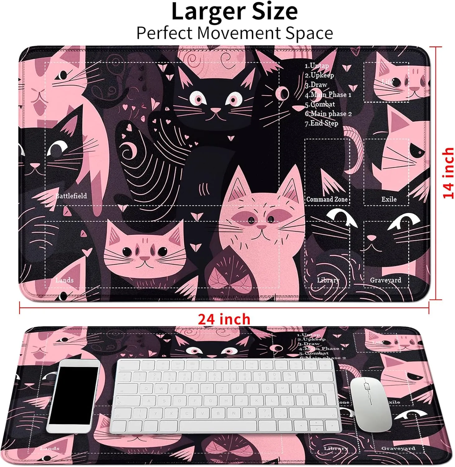 Card Mat for MTG & TCG Playmat Mouse Pad,24" x 14" Game Mat for MTG RPG CCG Trading Card Game Playmats Table Mat Perfect for Card Games Video Games Computer Office,Black and Pink Kitty