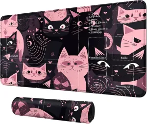 Card Mat for MTG & TCG Playmat Mouse Pad,24" x 14" Game Mat for MTG RPG CCG Trading Card Game Playmats Table Mat Perfect for Card Games Video Games Computer Office,Black and Pink Kitty