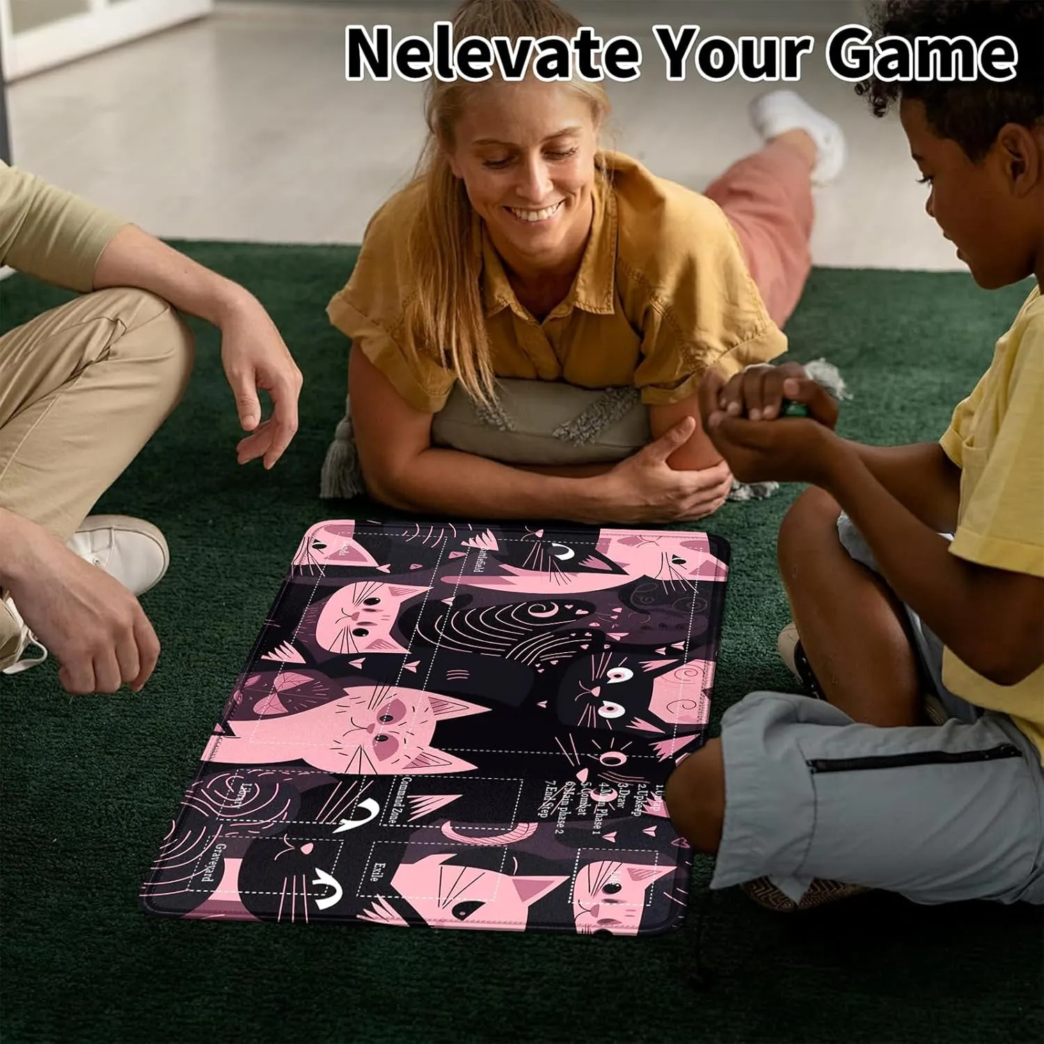 Card Mat for MTG & TCG Playmat Mouse Pad,24" x 14" Game Mat for MTG RPG CCG Trading Card Game Playmats Table Mat Perfect for Card Games Video Games Computer Office,Black and Pink Kitty