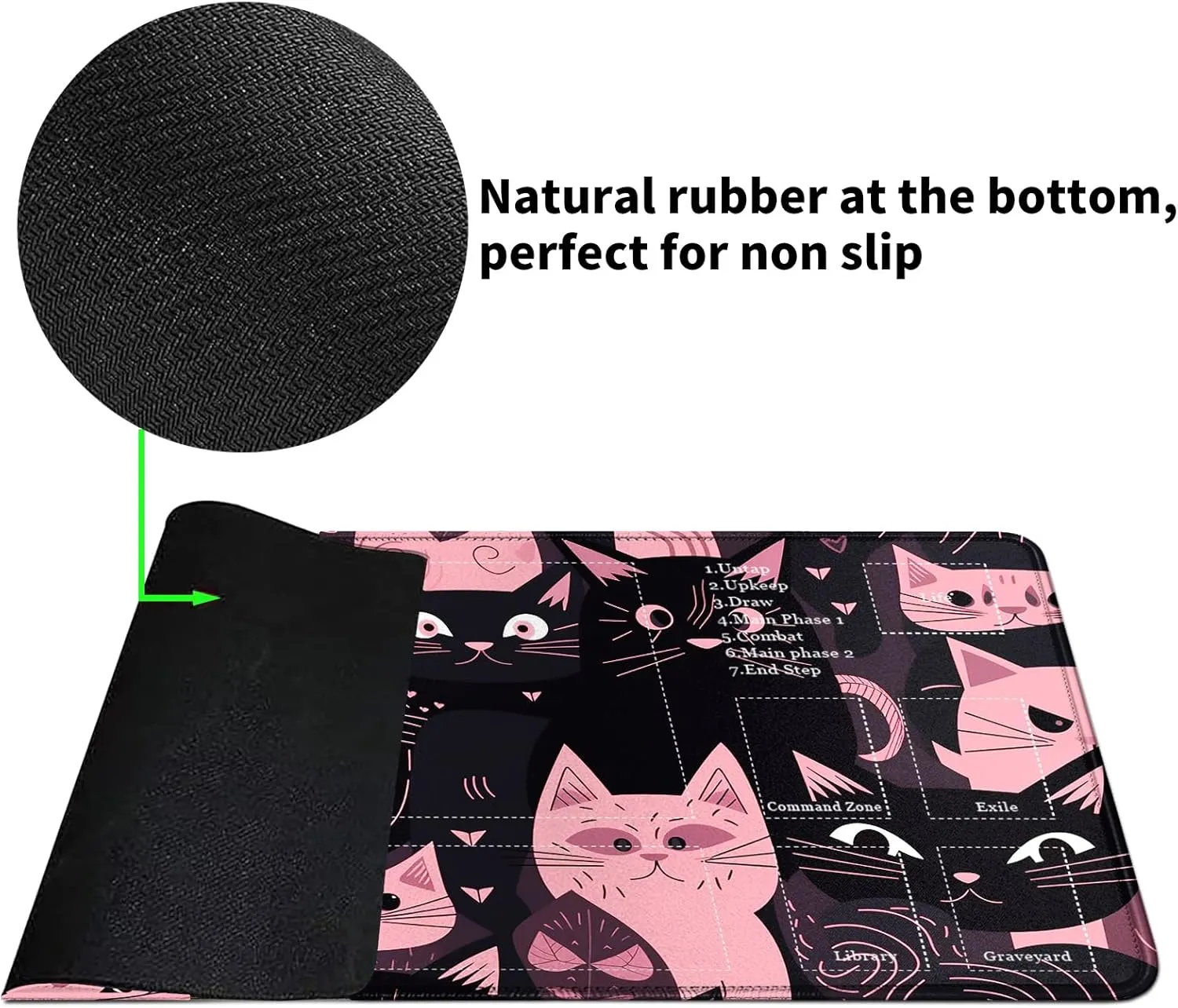 Card Mat for MTG & TCG Playmat Mouse Pad,24" x 14" Game Mat for MTG RPG CCG Trading Card Game Playmats Table Mat Perfect for Card Games Video Games Computer Office,Black and Pink Kitty