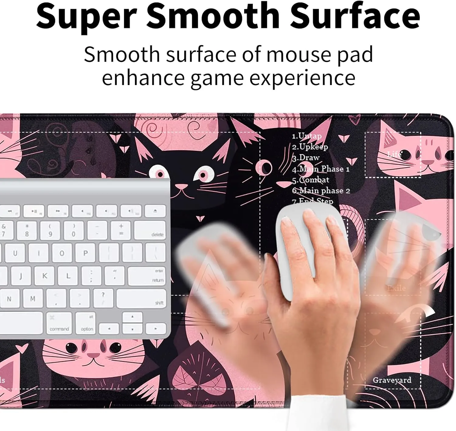 Card Mat for MTG & TCG Playmat Mouse Pad,24" x 14" Game Mat for MTG RPG CCG Trading Card Game Playmats Table Mat Perfect for Card Games Video Games Computer Office,Black and Pink Kitty