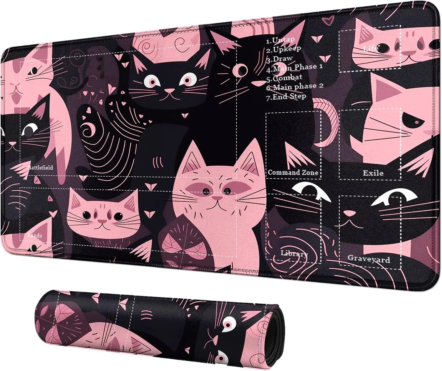 Card Mat for MTG & TCG Playmat Mouse Pad,24" x 14" Game Mat for MTG RPG CCG Trading Card Game Playmats Table Mat Perfect for Card Games Video Games Computer Office,Black and Pink Kitty