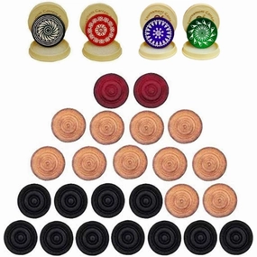 Carrom Board Wooden Coins Tournament Striker Professional Set (24 Carrom Board Pieces   4 Striker Random Designs with Case) - White/Red/Black
