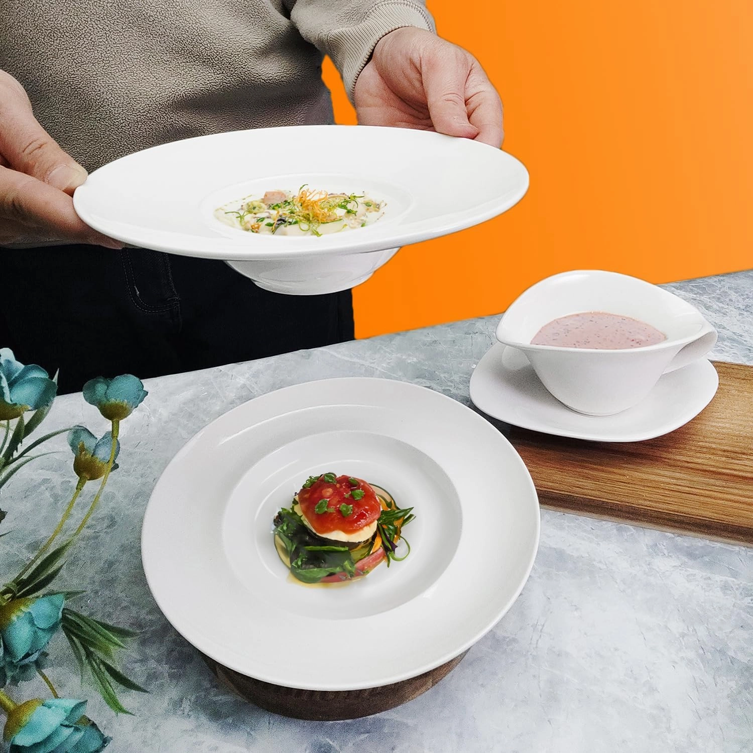 Ceramics Rimmed Soup Bowls 5.1 oz, White 8.5 inch Exquisite small soup plate Set of 4, Pasta plates With Rim is the best choice for hotels, kitchens, fine restaurants and gourmets