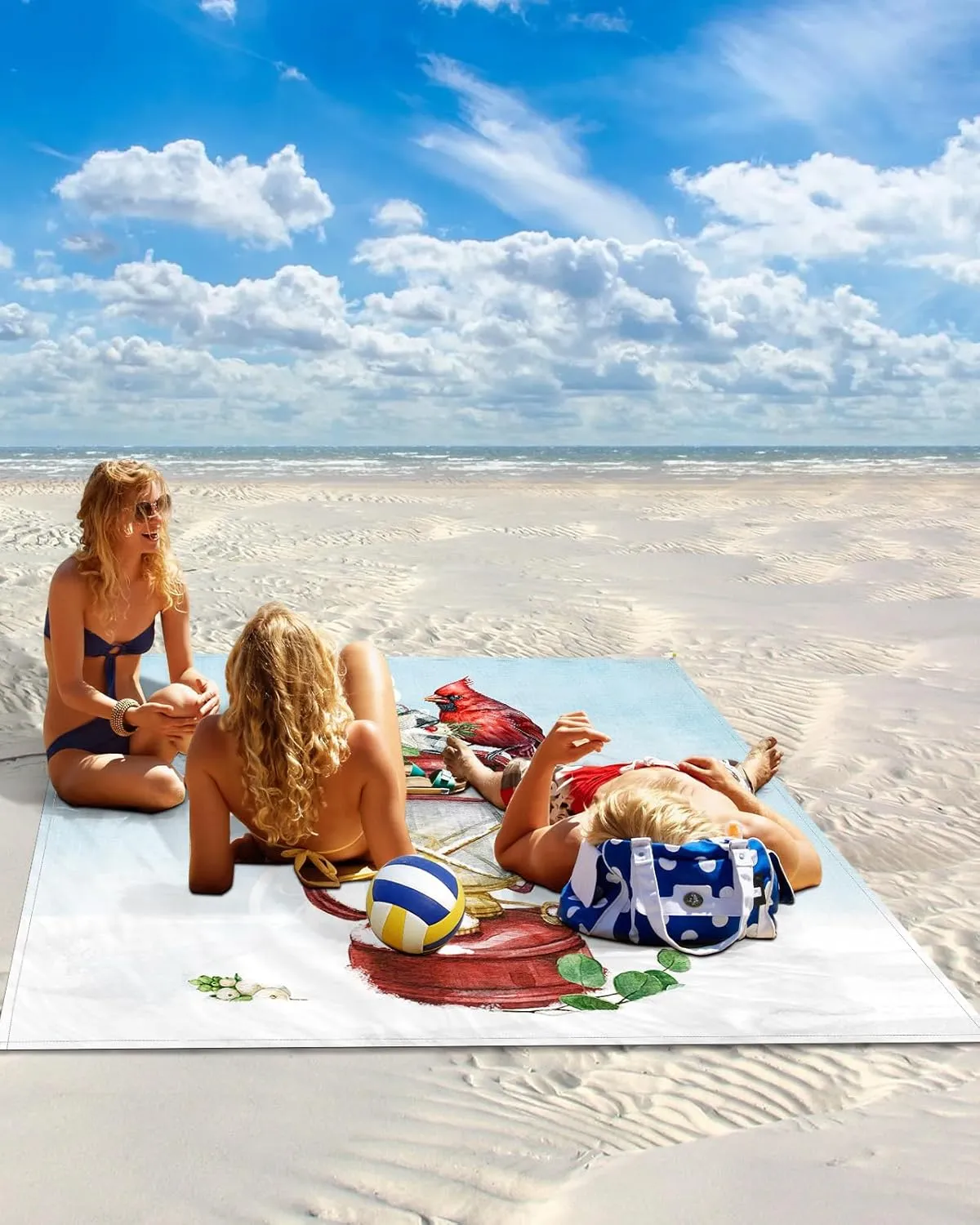 Christmas Beach Blanket Waterproof Sandproof, Red Lantern Birds Xmas Poinsettia Pine Cones Lightweight Outdoor Picnic Blanket Portable Large Beach Mat for Travel/Camping/Hiking 83"x79"
