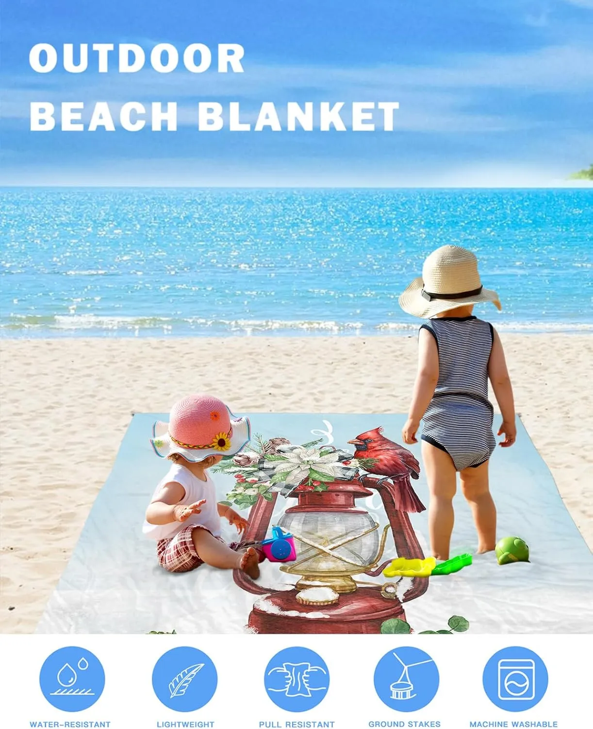 Christmas Beach Blanket Waterproof Sandproof, Red Lantern Birds Xmas Poinsettia Pine Cones Lightweight Outdoor Picnic Blanket Portable Large Beach Mat for Travel/Camping/Hiking 83"x79"