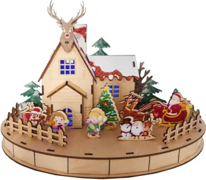 Christmas Ornaments, Doll House Kit DIY LED 67 Pieces Christmas Themed 3D Wooden Jigsaw for Adults Children Cute Cartoon Christmas Decorations, No Battery