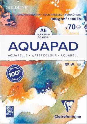 Clairefontaine 975720C Goldline Aquapad Glued Pad – 70 Sheets of White Watercolour Paper Medium Fine Grain A5 14.8 x 21 cm 300 g