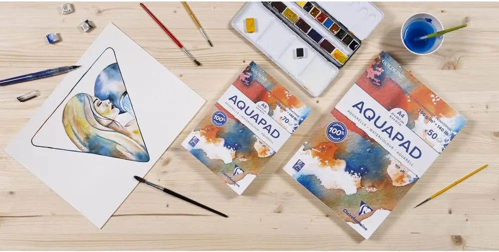 Clairefontaine 975720C Goldline Aquapad Glued Pad – 70 Sheets of White Watercolour Paper Medium Fine Grain A5 14.8 x 21 cm 300 g