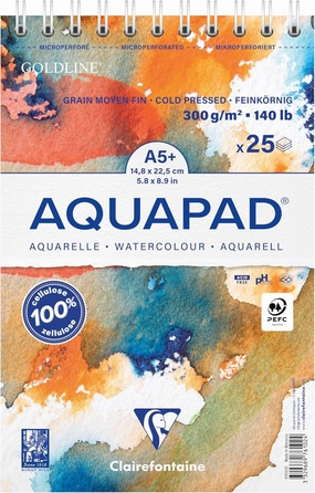 Clairefontaine Aquapad 976102C Micro-Perforated Spiral Pad A5 14.8 x 21 cm 300 g – 25 Sheets of White Watercolour Paper Medium Fine Grain – Ideal for Wet Technique